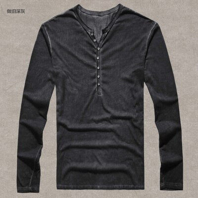 Brand Designer Men Cotton Vintage Henry T Shirts Casual Long Sleeve High quality Men old color Cardigan T shirt