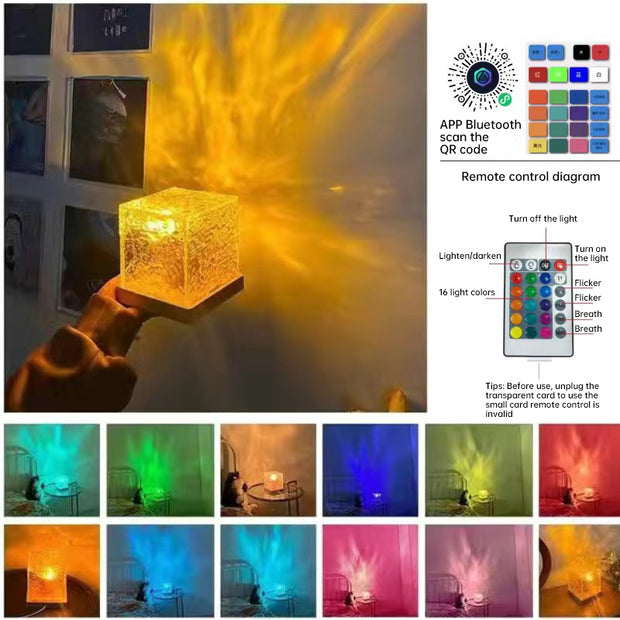 3/16 Colors Dynamic Rotating Water Ripple Projector Night Light Flame Crystal Lamp for Living Room Study Bedroom Bedside Decor